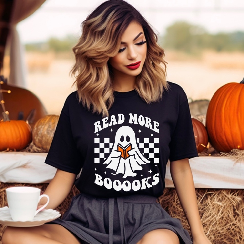 Halloween Tee Black Spooky Ghost Book Fall Shirt Teacher Checkerboard New Boo